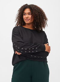 Katoenen sweatshirt met koord details, Black, Model