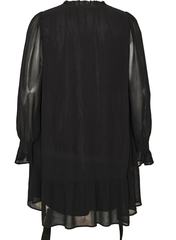 Viscose jurk met ruches en doorschijnende mouwen, Zwart, Packshot image number 1