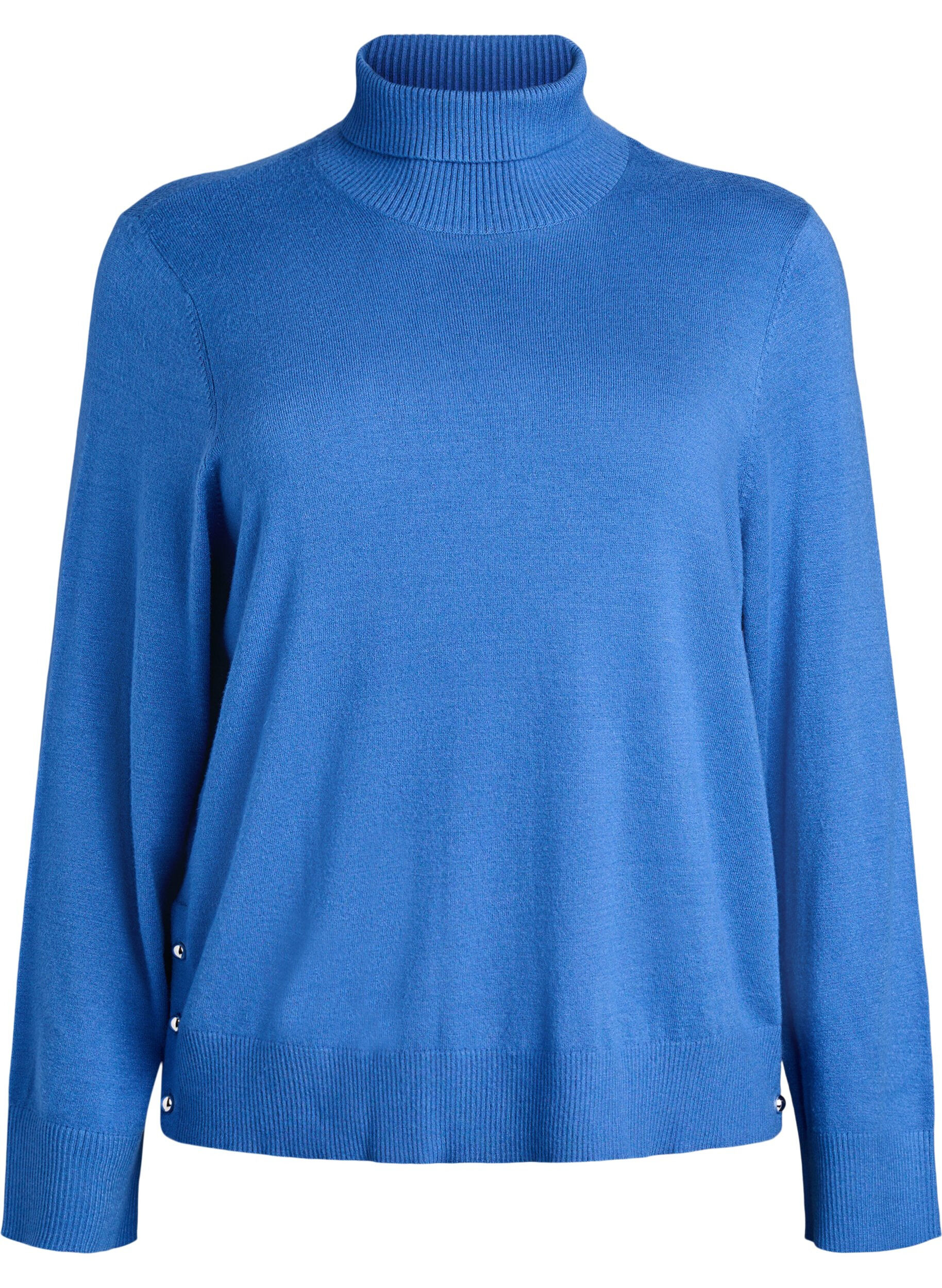 Zizzi Gebreide blouse met col en knopen aan de zijkant, Blauw, Packshot image number 0