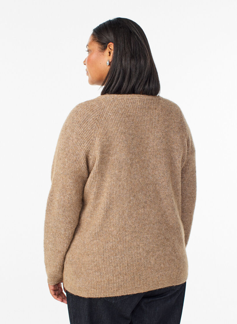 Gebreide blouse met V-hals en raglanmouwen, Bruin, Model image number 2
