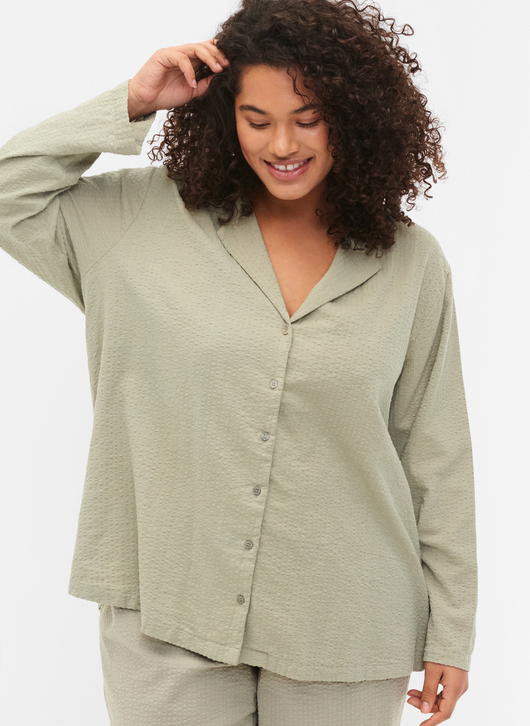 Zizzi Katoenen overhemd met structuur, Seagrass , Model image number 2