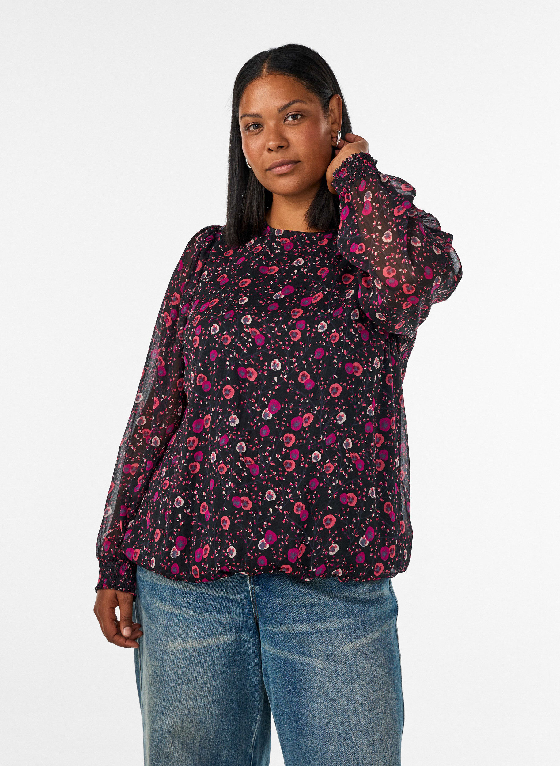 ZizziChiffon blouse met bloemenprint en sheer mouwen, Zwart, Model image number 0