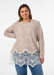 Gebreide blouse met raglanmouwen en een brede kanten rand, Beige, Model image number 0