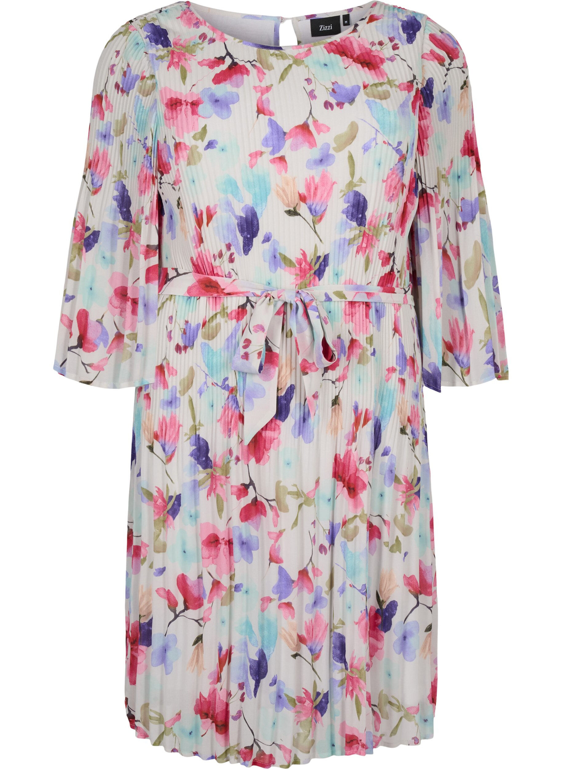 Zizzi Bedrukte geplooide jurk met bindband, White/MultiFlowerAOP, Packshot image number 0