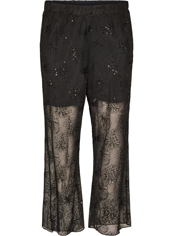 Broek met mesh en bloemenborduursel en pailletten, Zwart, Packshot image number 0