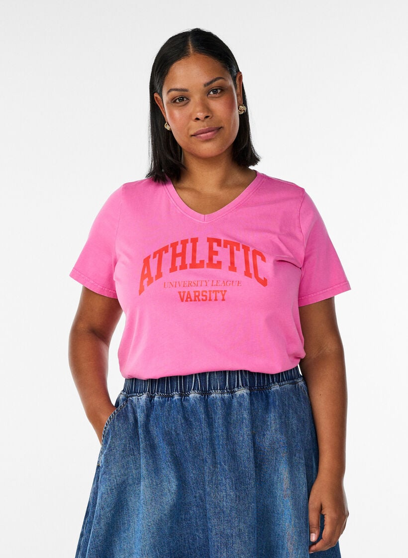 Biologisch katoenen T-shirt met varsity print en V-hals, Roze, Model image number 0