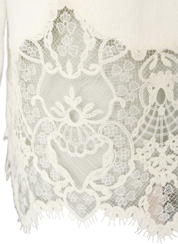 Gebreide blouse met raglanmouwen en een brede kanten rand, Beige, Packshot image number 4