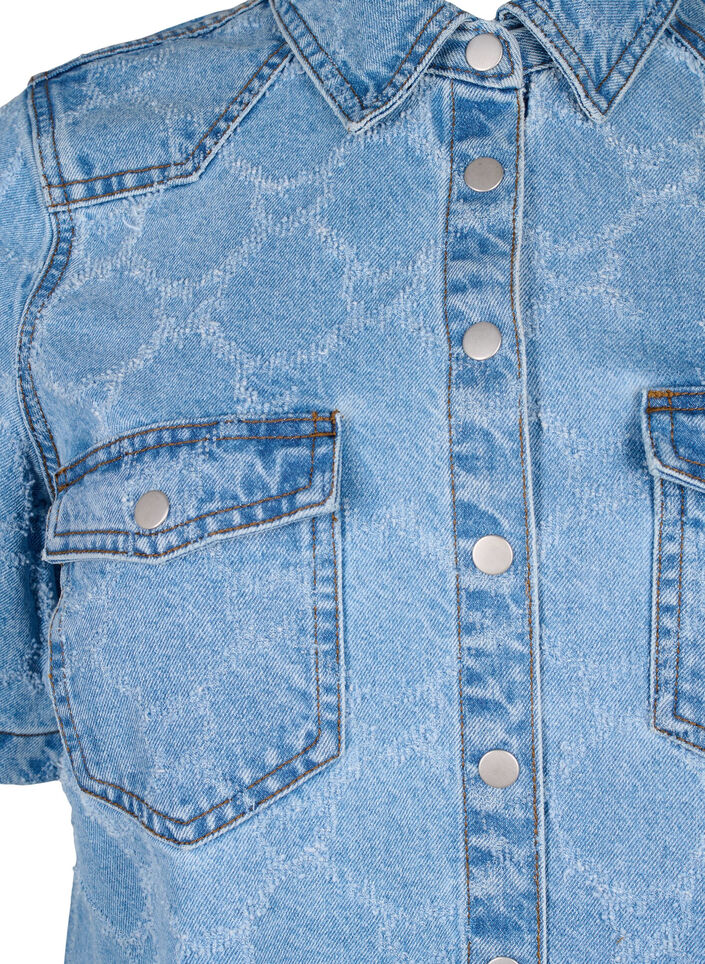 Denim jurk met destroy-patroon en korte mouwen, Blue Denim, Packshot image number 2