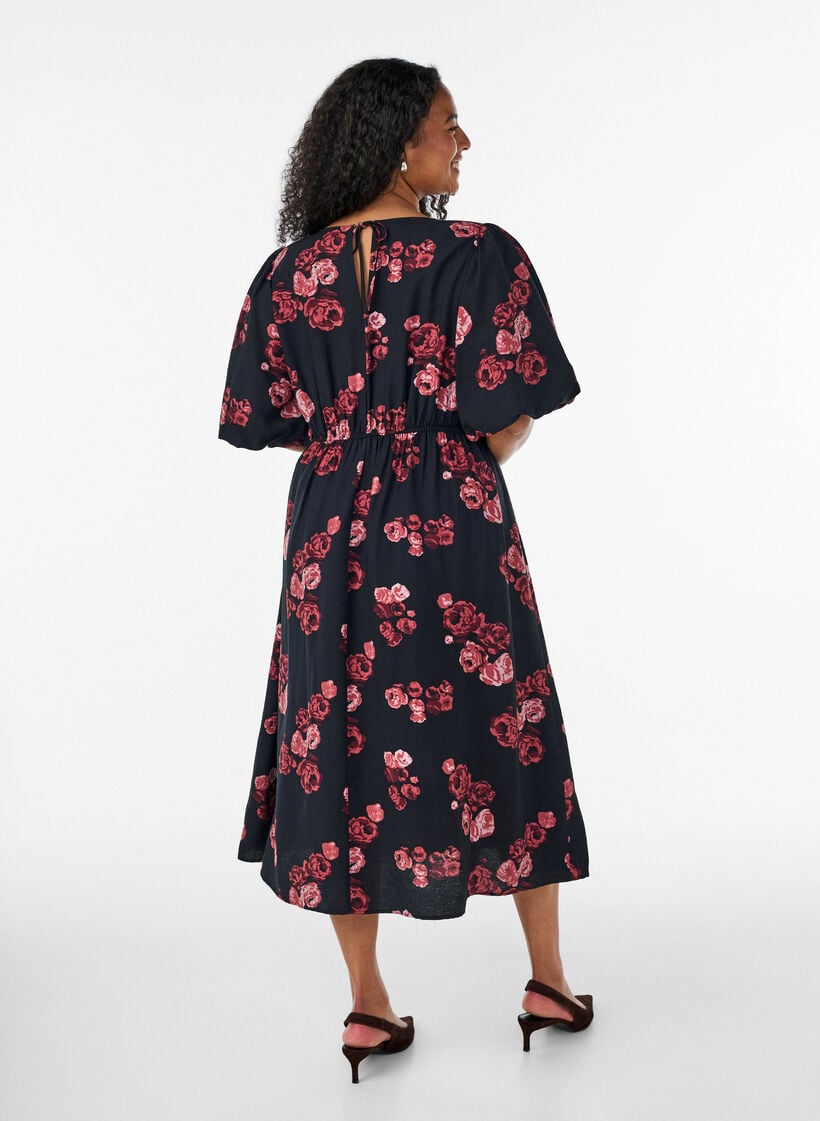 Midi-jurk met rozenprint en korte ballonmouwen, Zwart, Model image number 1