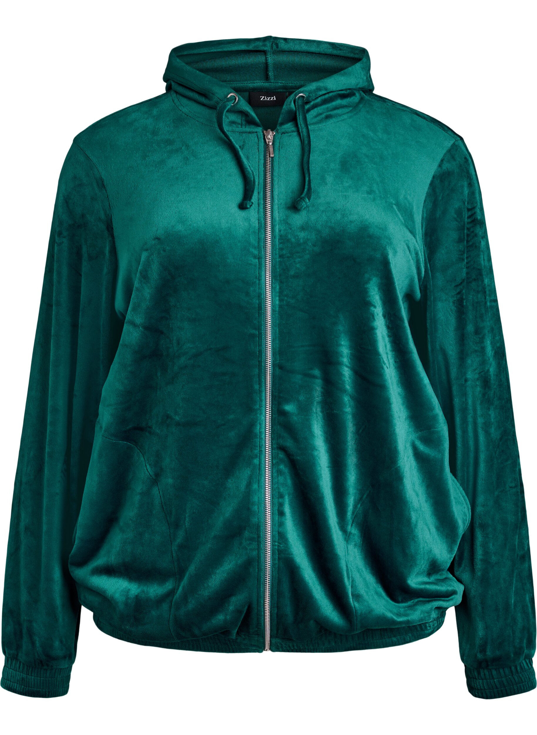 Zizzi Velours cardigan met ritssluiting en capuchon, Groen, Packshot image number 0