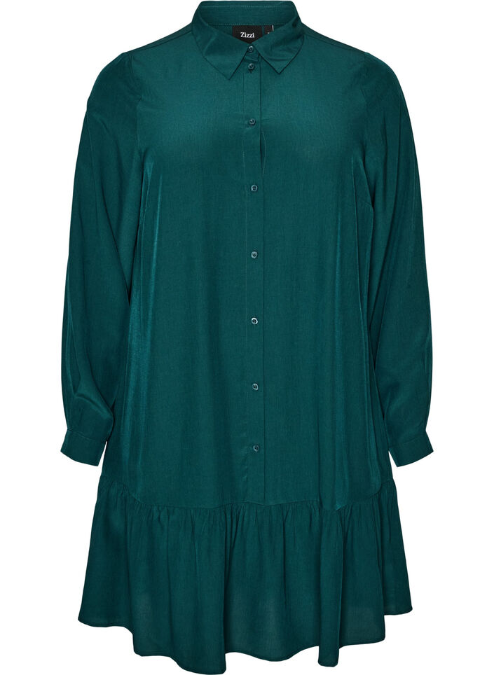 Korte overhemdjurk met ruchelaag, Groen, Packshot image number 0