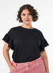 T-shirt van biologisch katoen met ruches mouwen, Zwart, Model image number 0