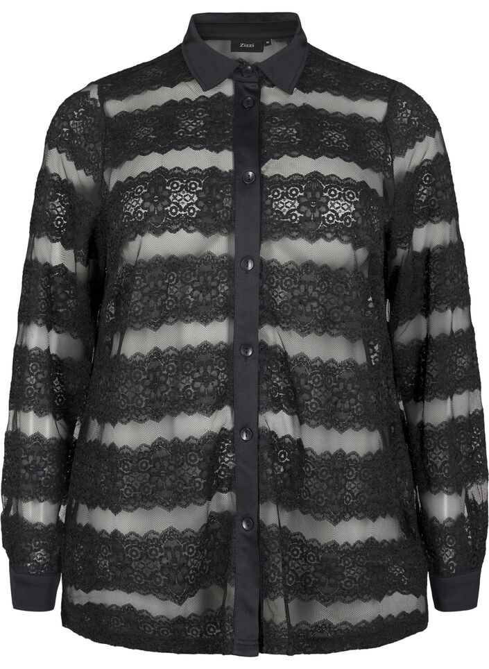 Losse blouse met kant en doorschijnend mesh, Black, Packshot image number 0