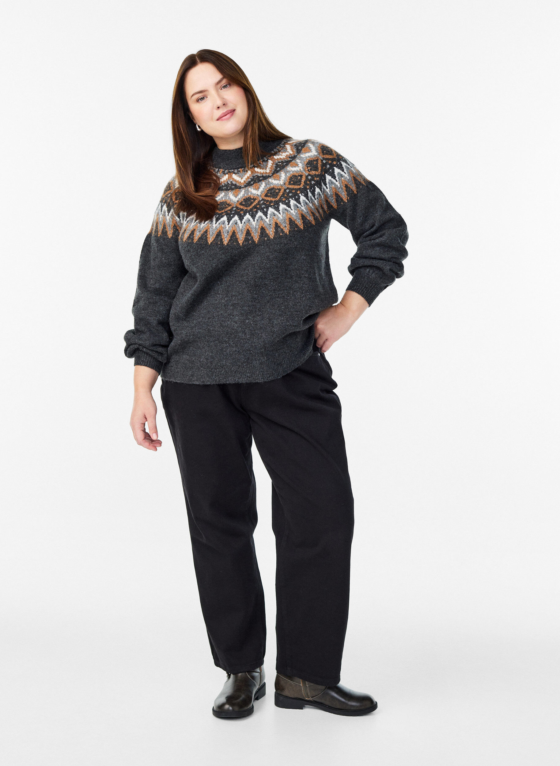 Zizzi Gebreide blouse met patroon en hoge hals, Grijs, Model image number 1