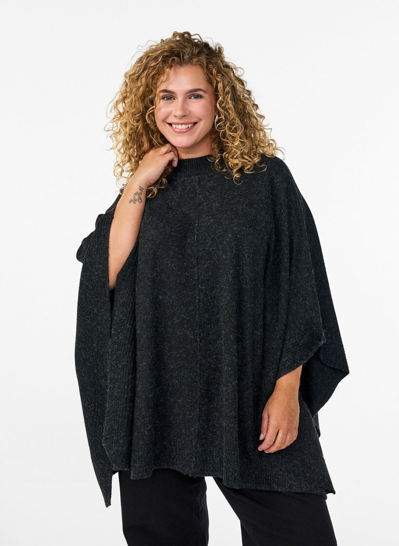 Poncho met geribde details en een ronde hals, Grijs, Model image number 0