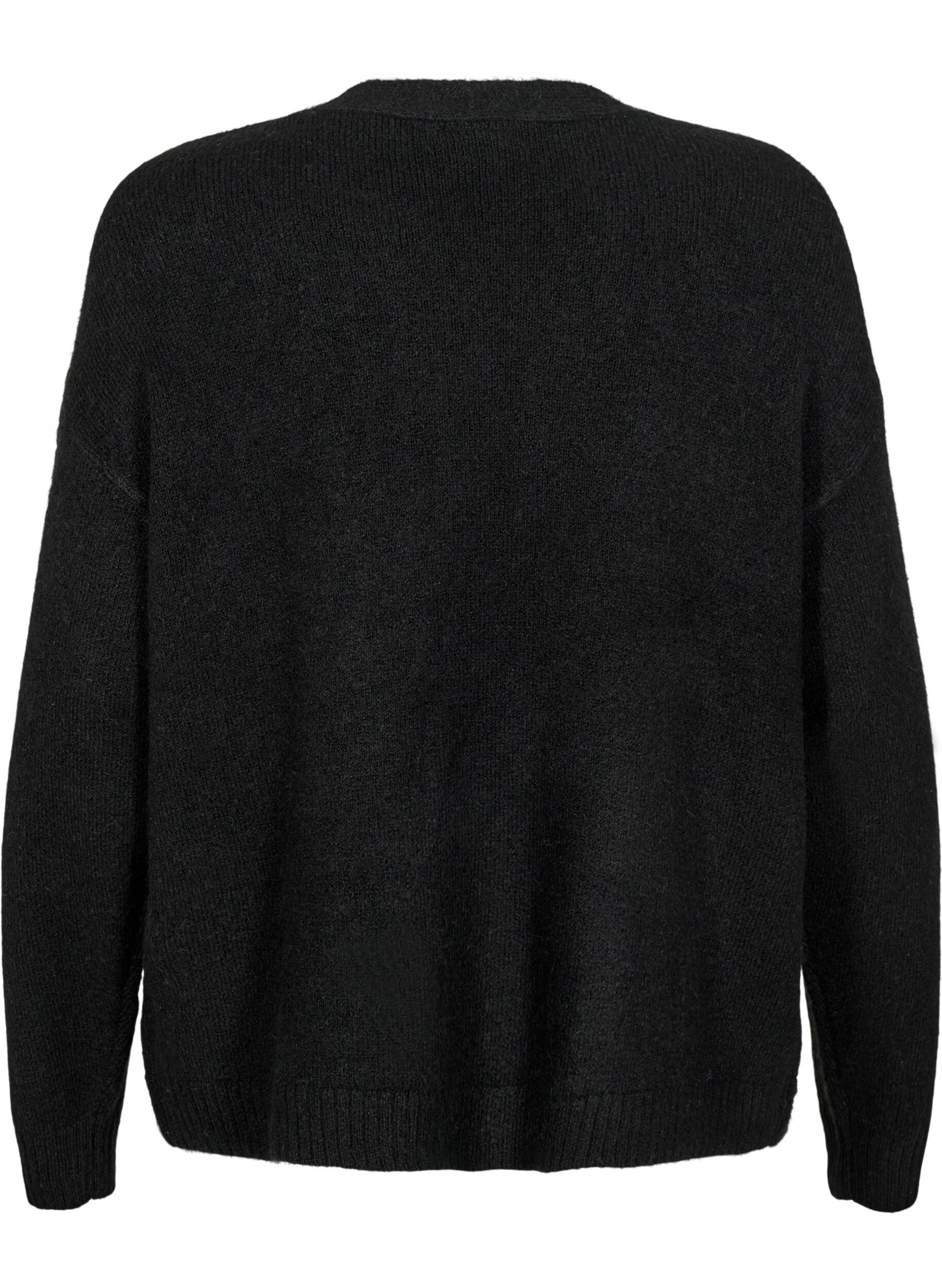 Zizzi Korte gebreide cardigan met strikken, Black Comb, Packshot image number 1