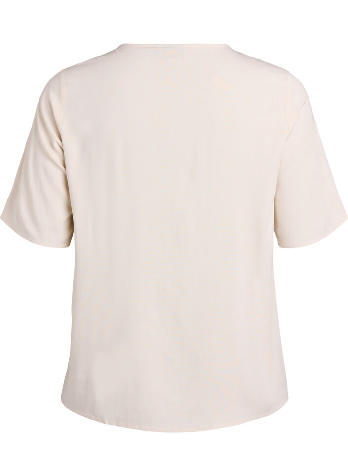 Geweven blouse met korte mouwen en ronde hals, Beige, Packshot image number 1