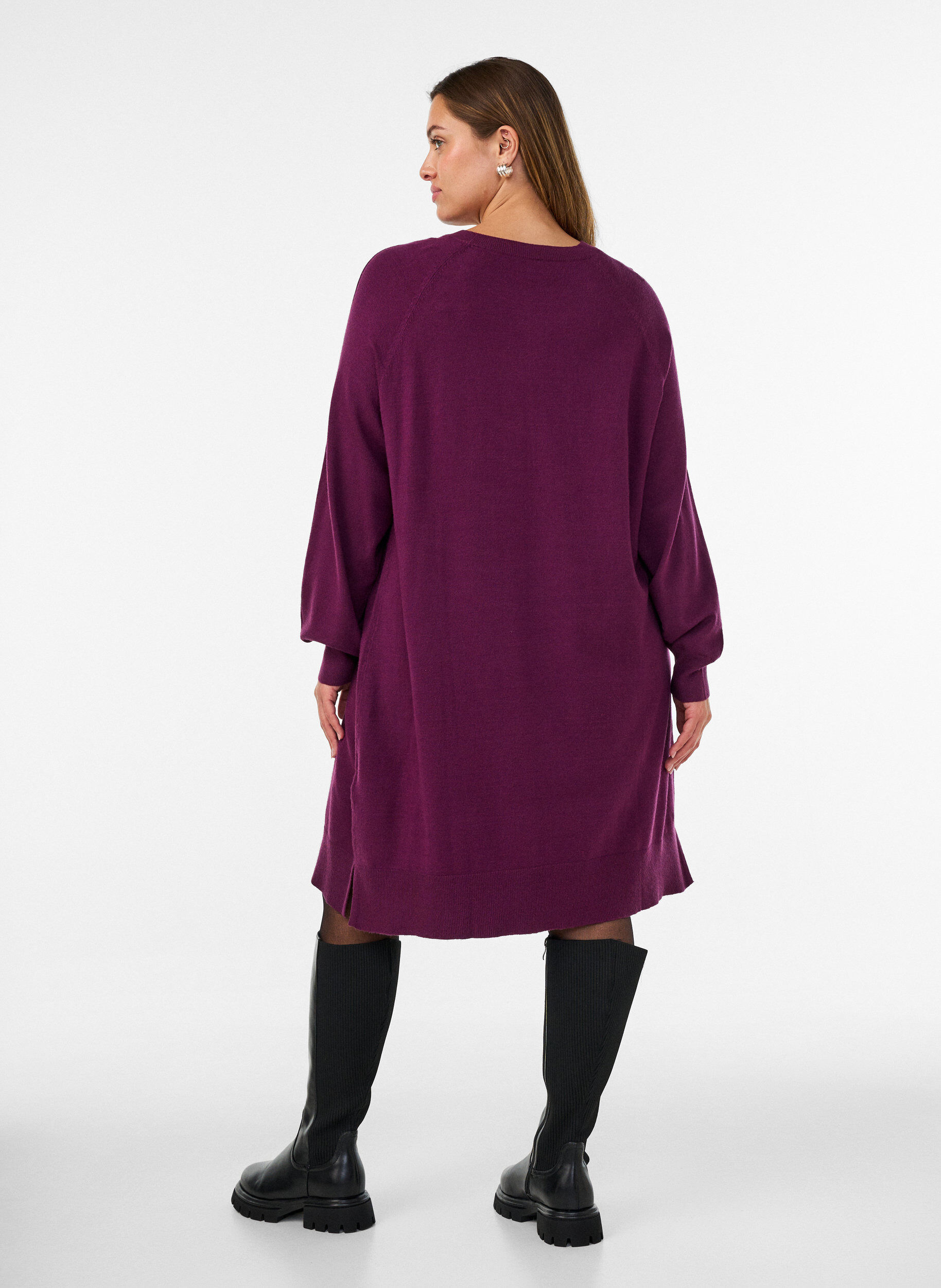 ZizziKorte gebreide jurk met raglanmouwen en een middennaad, Rood, Model image number 2