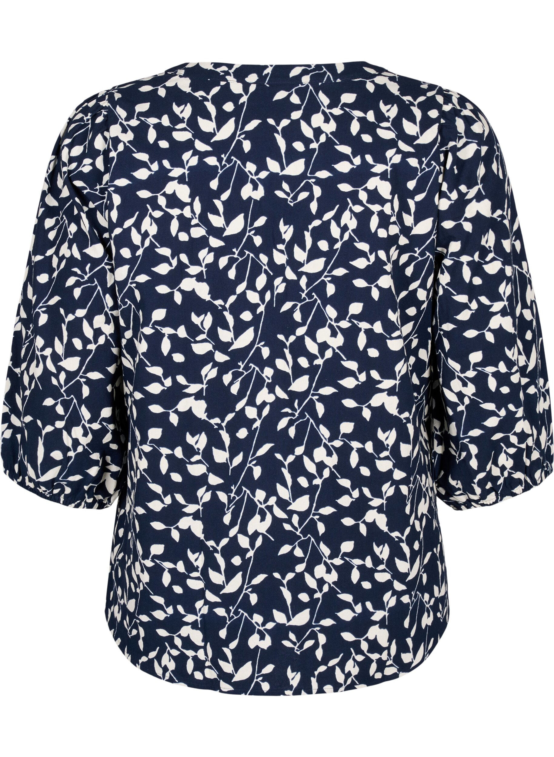 Zizzi Katoenen blouse met 3/4 mouwen en print, Navy Blazer Leaf, Packshot image number 1