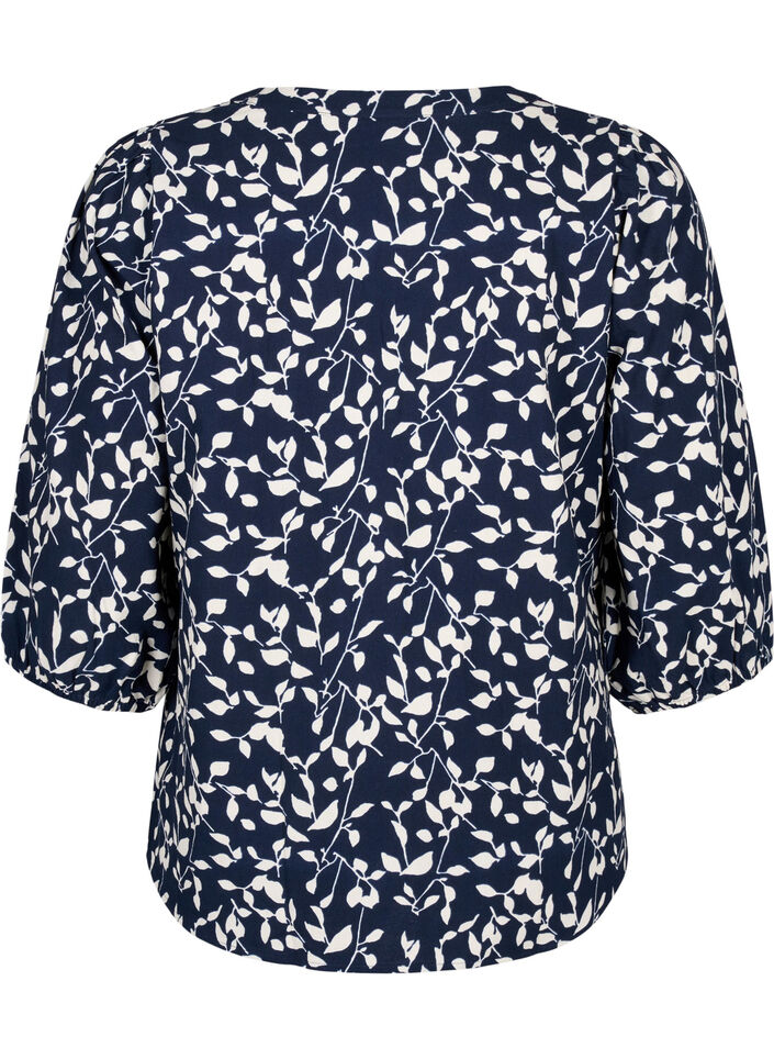 Katoenen blouse met 3/4 mouwen en print, Navy Blazer Leaf, Packshot image number 1