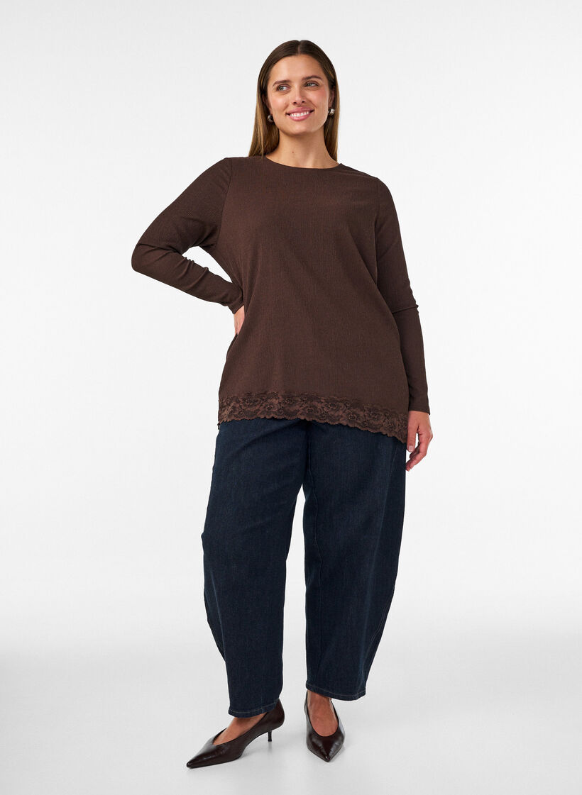 Jersey blouse met asymmetrische kanten rand, Bruin, Model image number 1