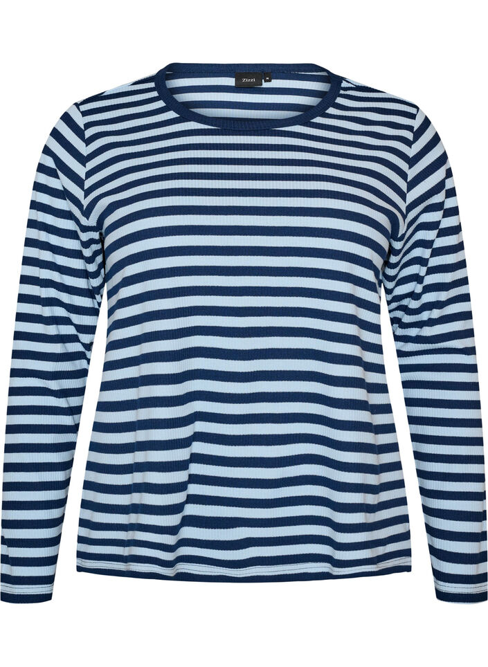 Nachtbovenstuk met lange mouwen in geribde jersey met strepen, Blauw, Packshot image number 0