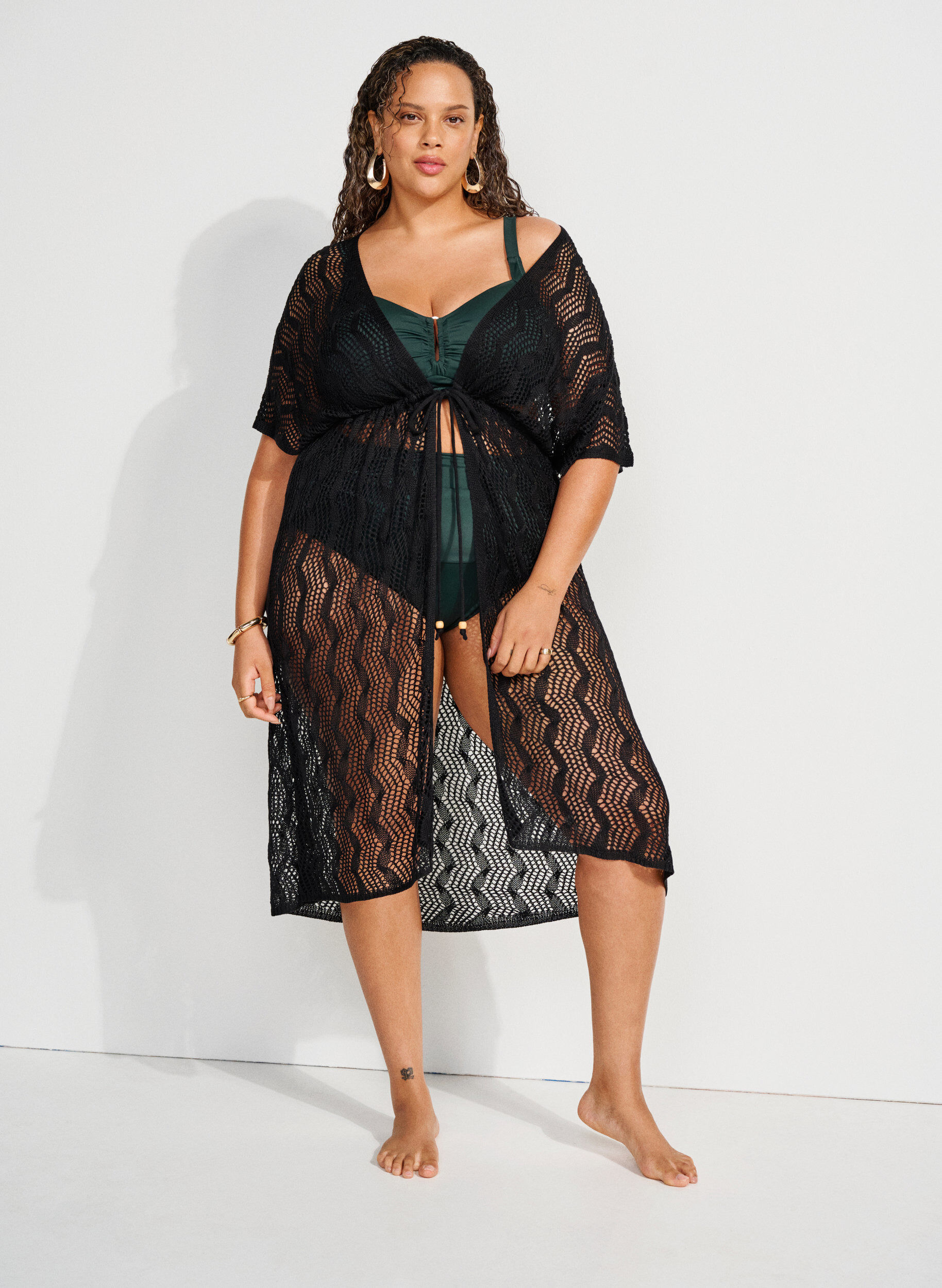 Zizzi Strand kimono met strikceintuur, Zwart, Image image number 0