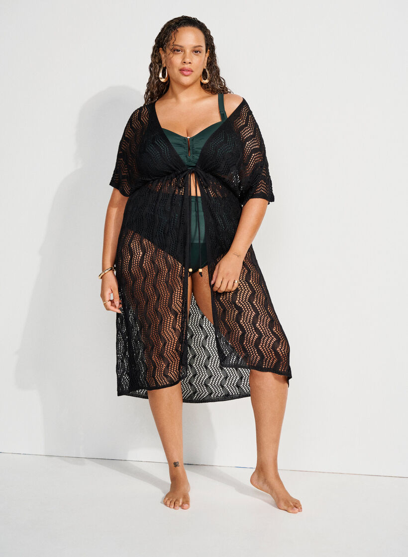 Strand kimono met strikceintuur, Zwart, Image image number 0