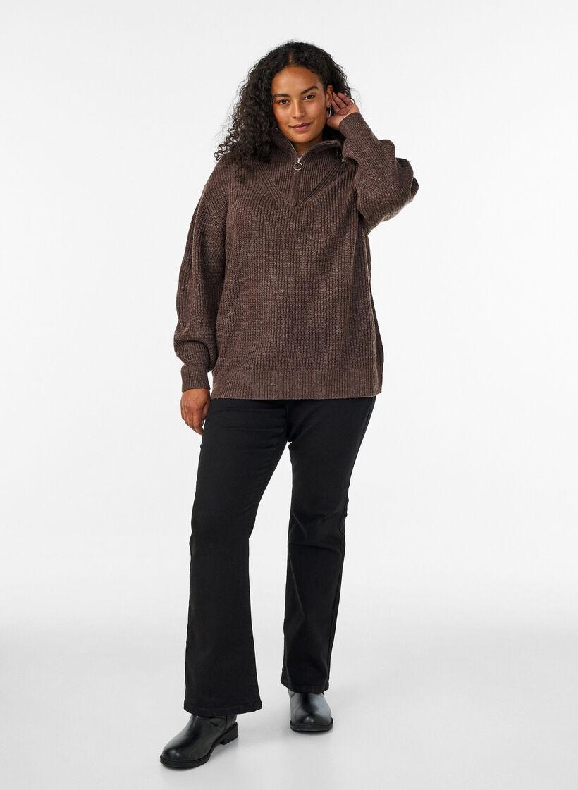 Gebreide trui met hoge hals en rits, Bruin, Model image number 1