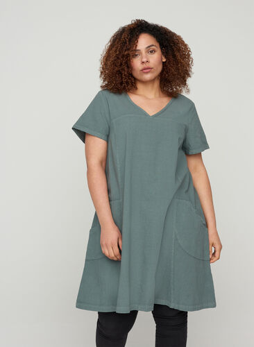 Katoenen jurk met korte mouwen, Balsam Green, Model image number 0