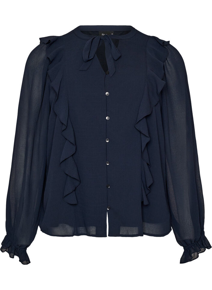 Transparante blouse met ruches en striksluiting, Blauw, Packshot image number 0