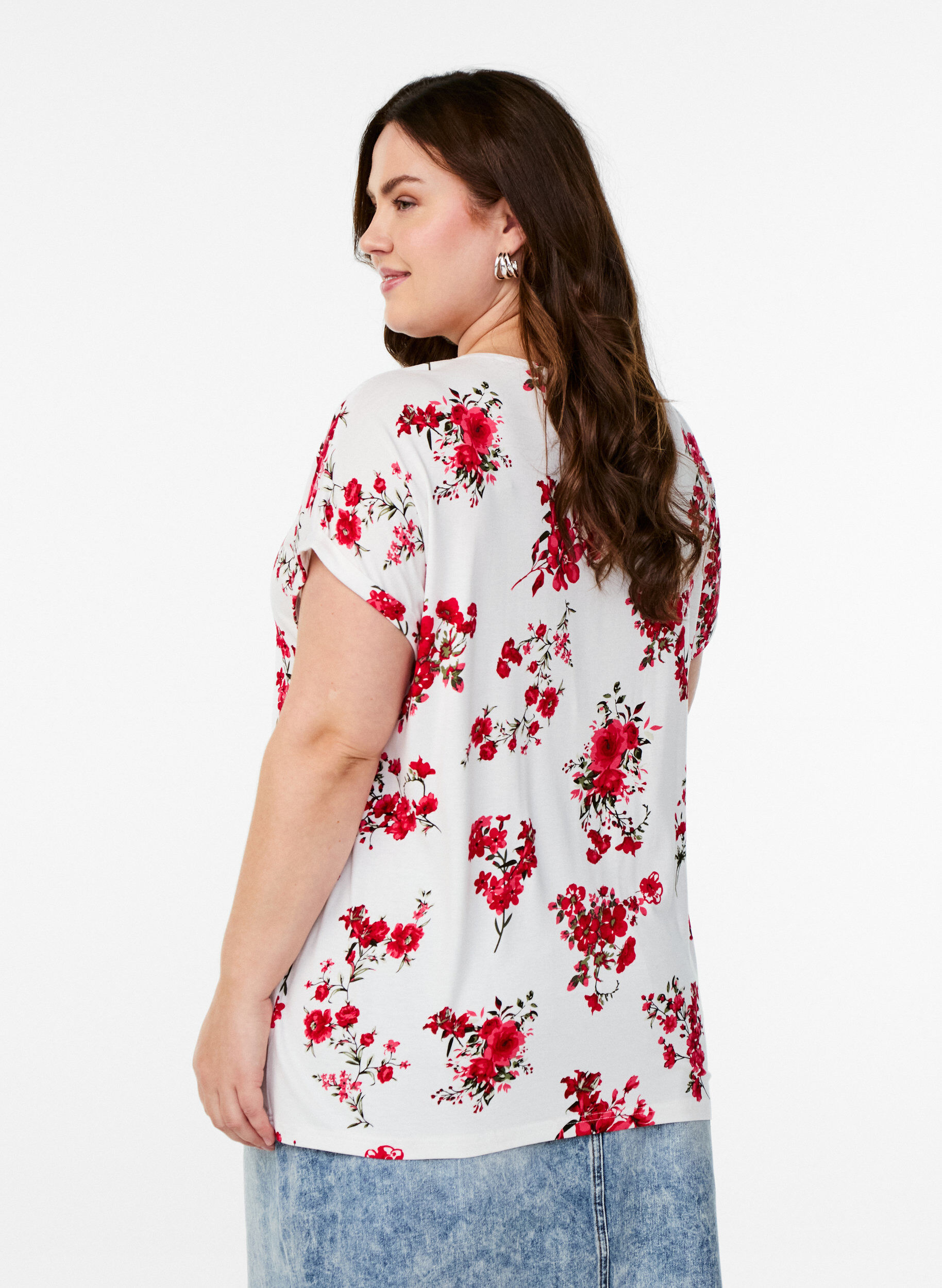 Zizzi T-shirt met bloemenprint, Rood, Model image number 2