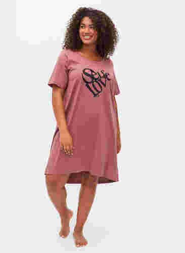 Katoenen nachthemd met korte mouwen en print, Rose Brown W. Self, Model image number 2