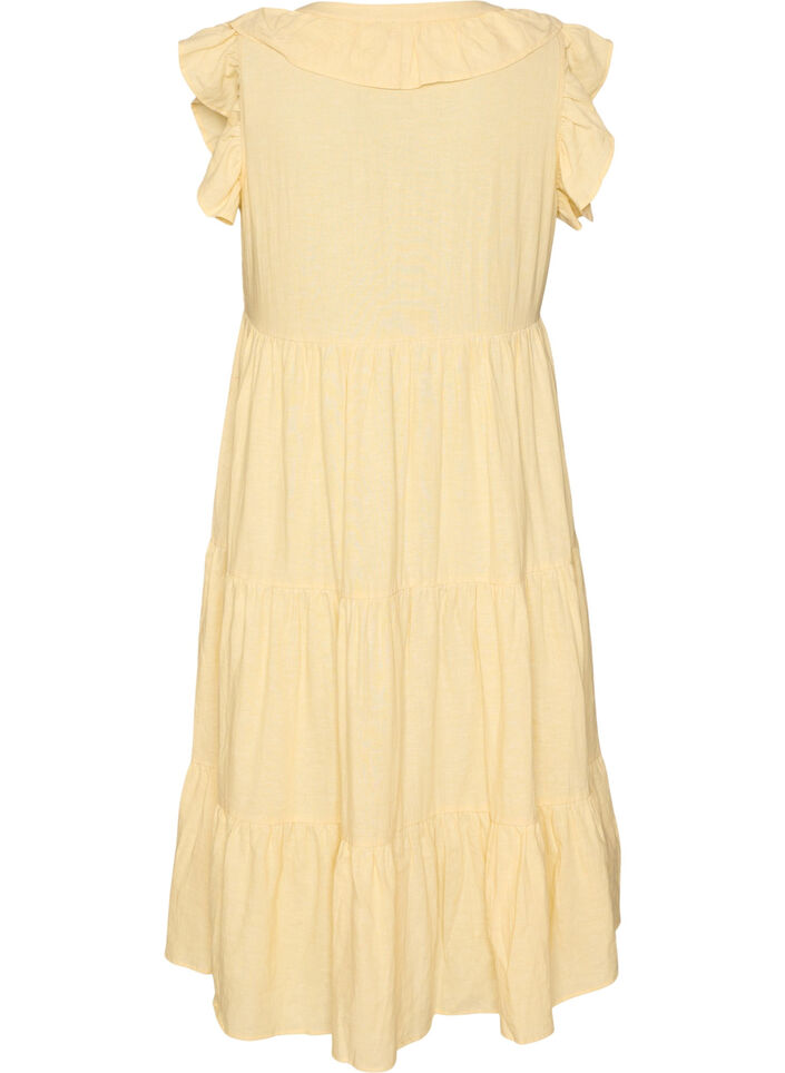 Mouwloze midi jurk in linnen en viscose met ruches, Geel, Packshot image number 1