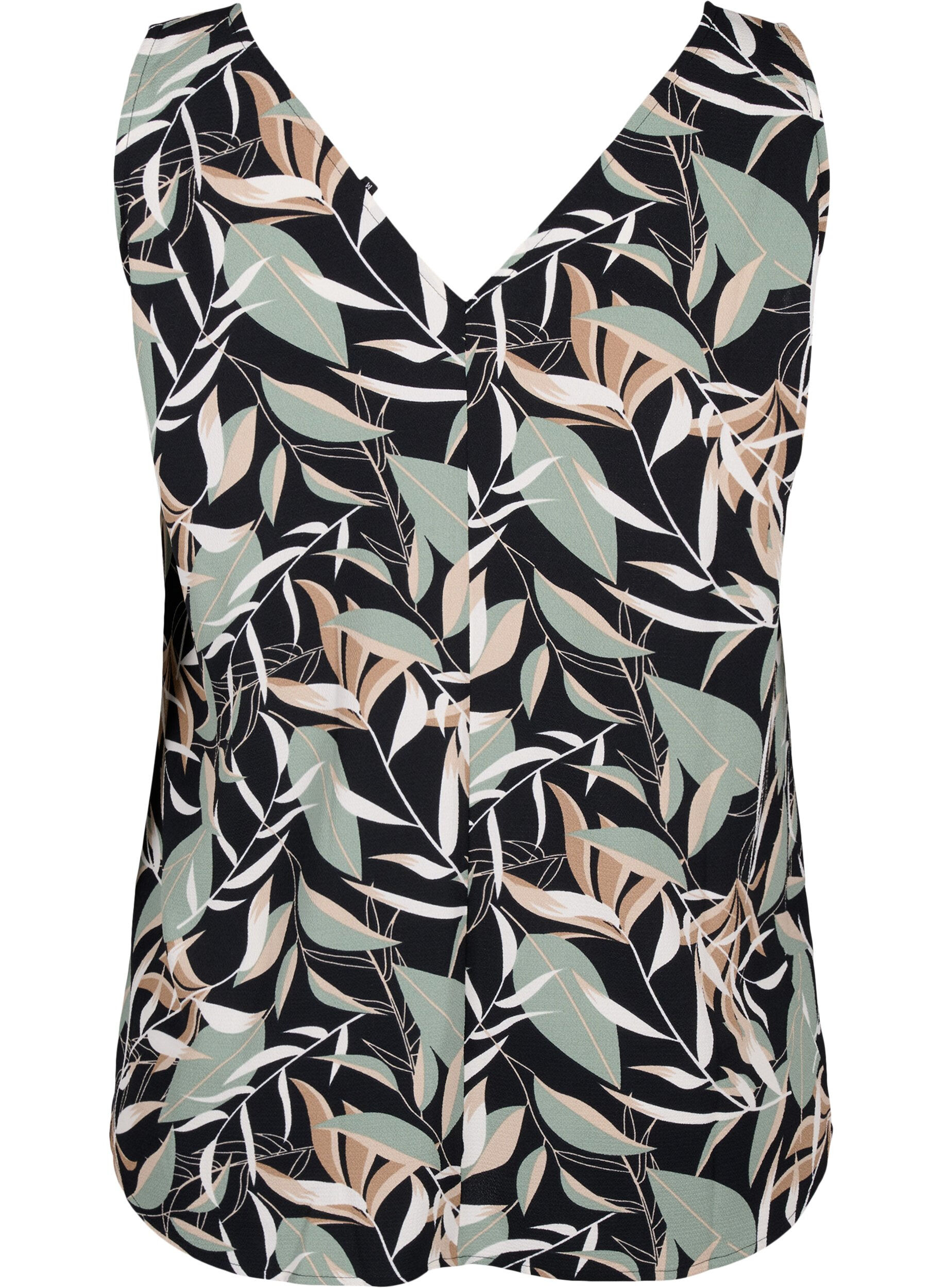 Zizzi Bedrukte top met v-hals, Black w. Gr.Leaf AOP, Packshot image number 1