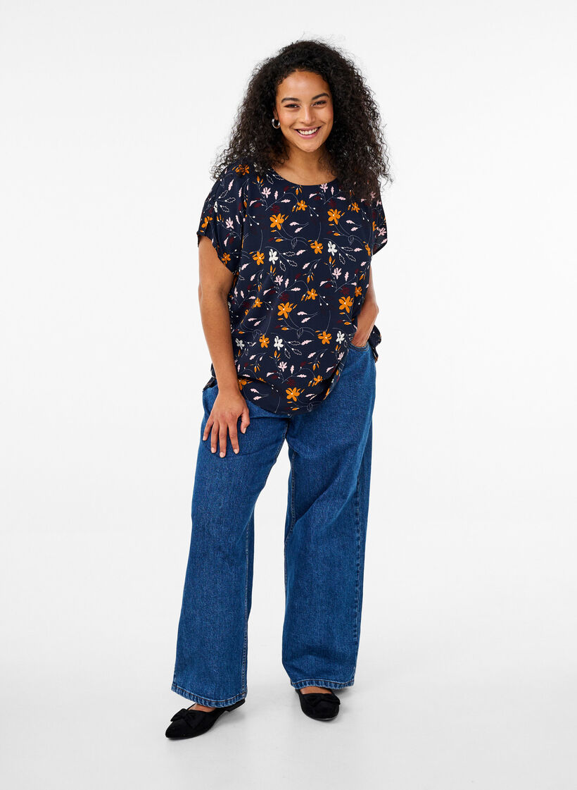 Blouse met korte mouwen met bloemenprint, Sky Captain Flower, Model image number 3