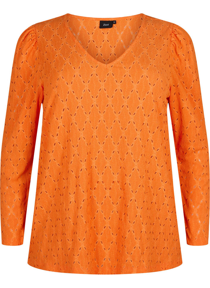 Blouse met V-hals en gaatjespatroon, Carrot, Packshot image number 0
