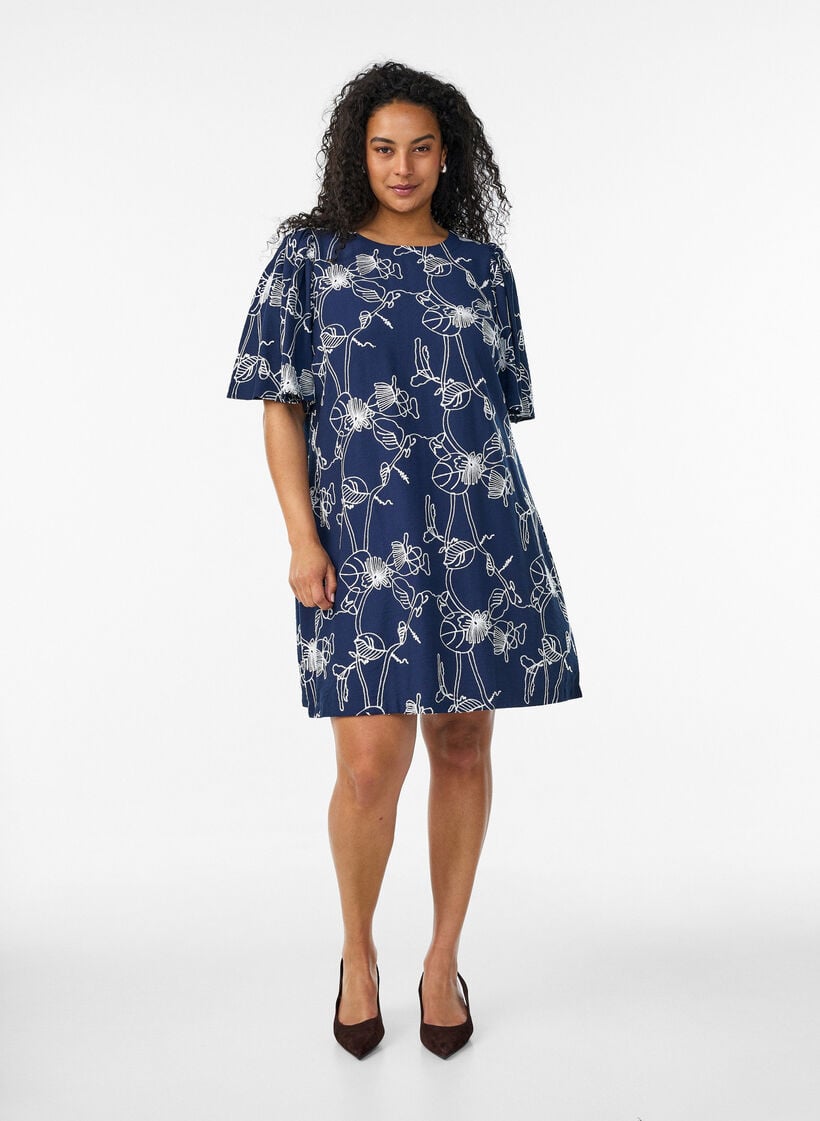 Korte A-lijn jurk met geborduurd patroon, Blauw, Model image number 1