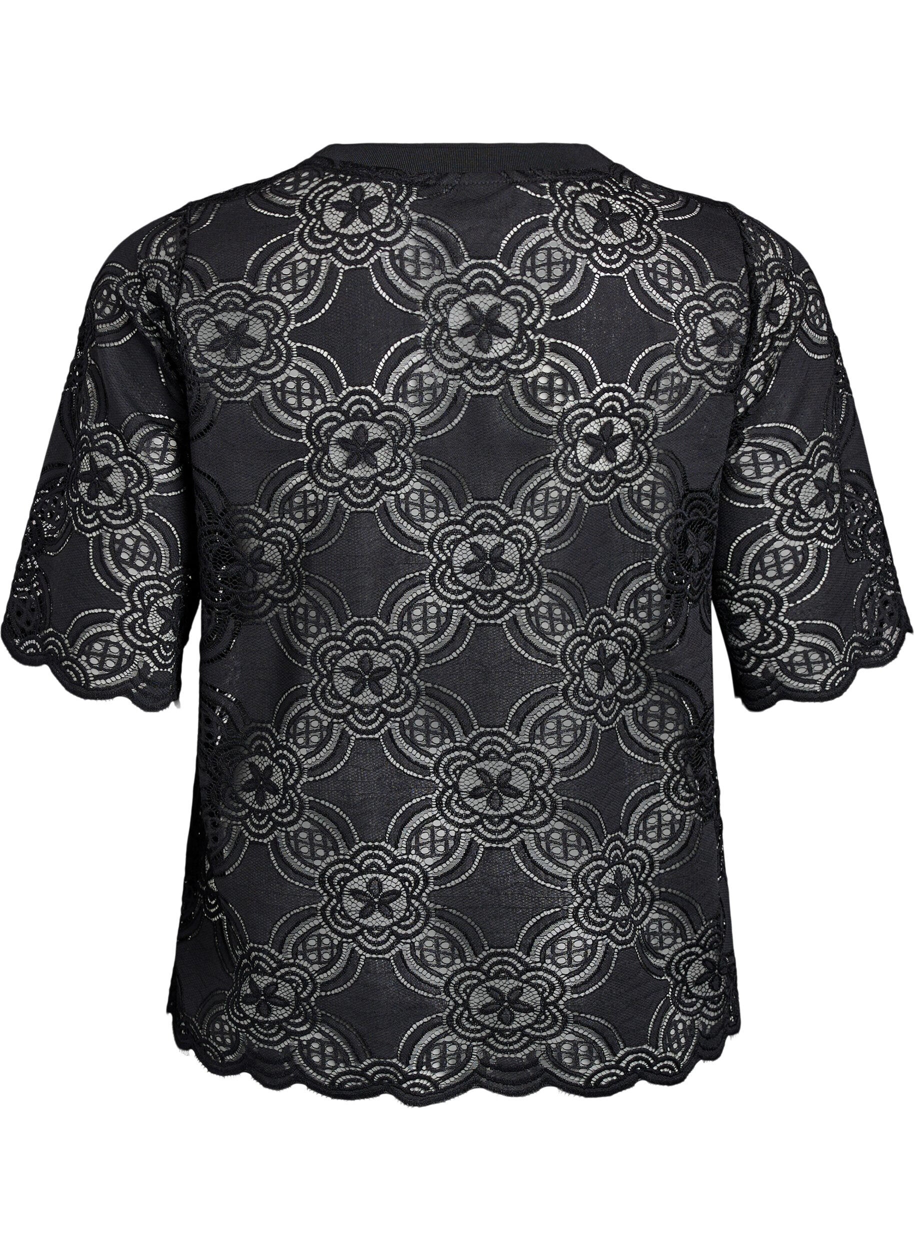 Zizzi Kanten blouse met een grafisch patroon en mouwen van 1/2 lengte, Zwart, Packshot image number 1