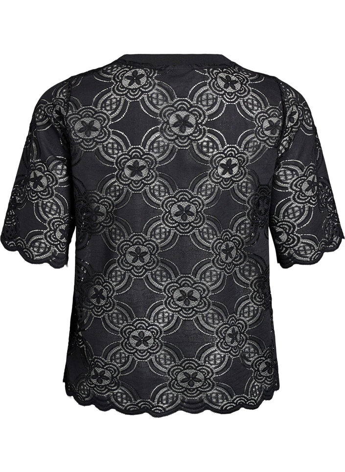 Kanten blouse met een grafisch patroon en mouwen van 1/2 lengte, Zwart, Packshot image number 1