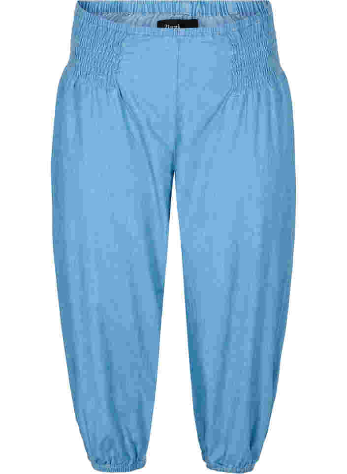 Losse katoenen broek met smokwerk, Light blue denim, Packshot image number 0