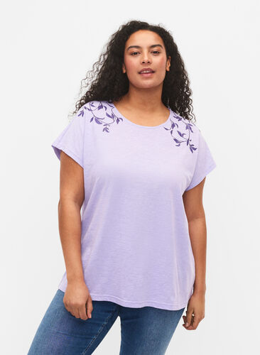 Katoenen t-shirt met bladprint, Lavender C Leaf, Model image number 0