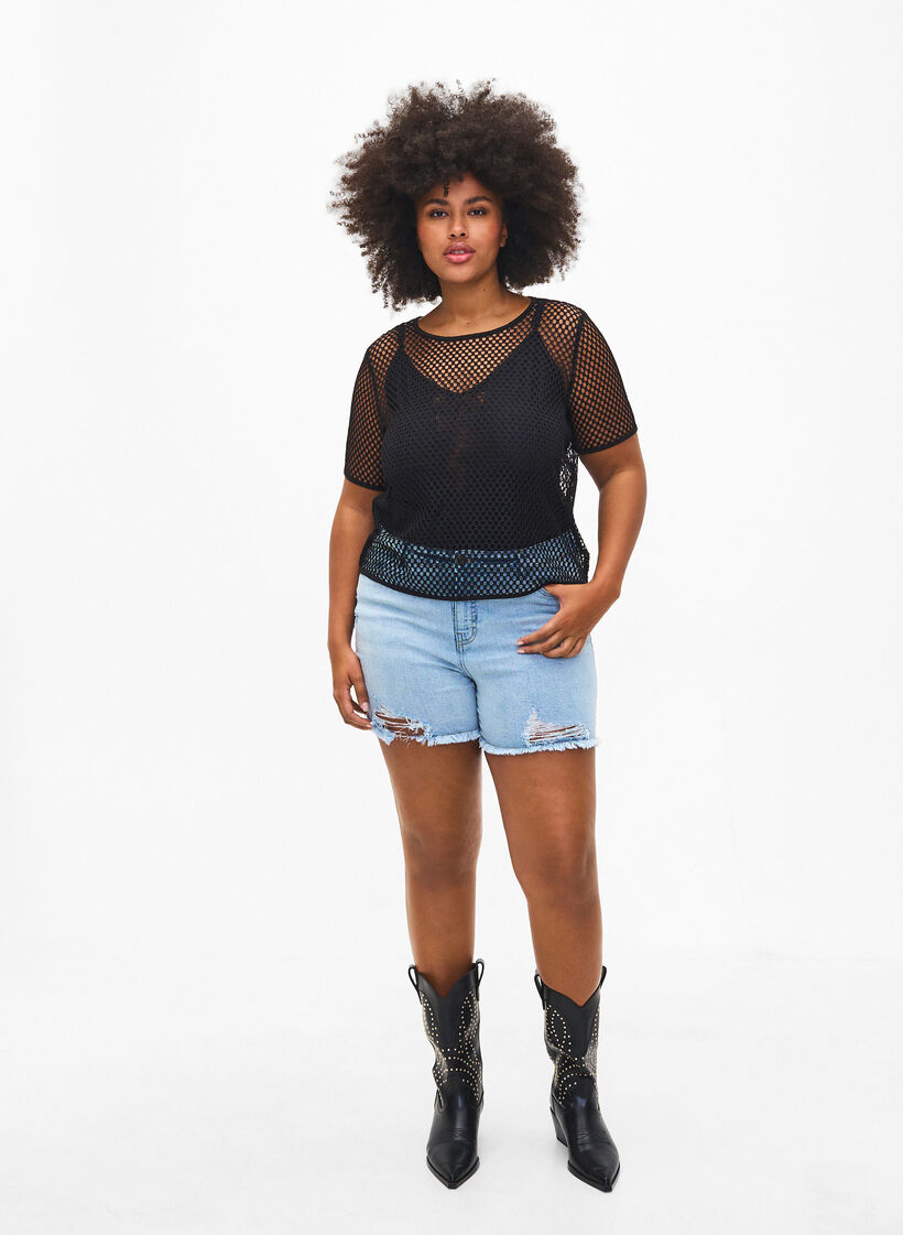 Mesh blouse met korte mouwen, Black, Model image number 2