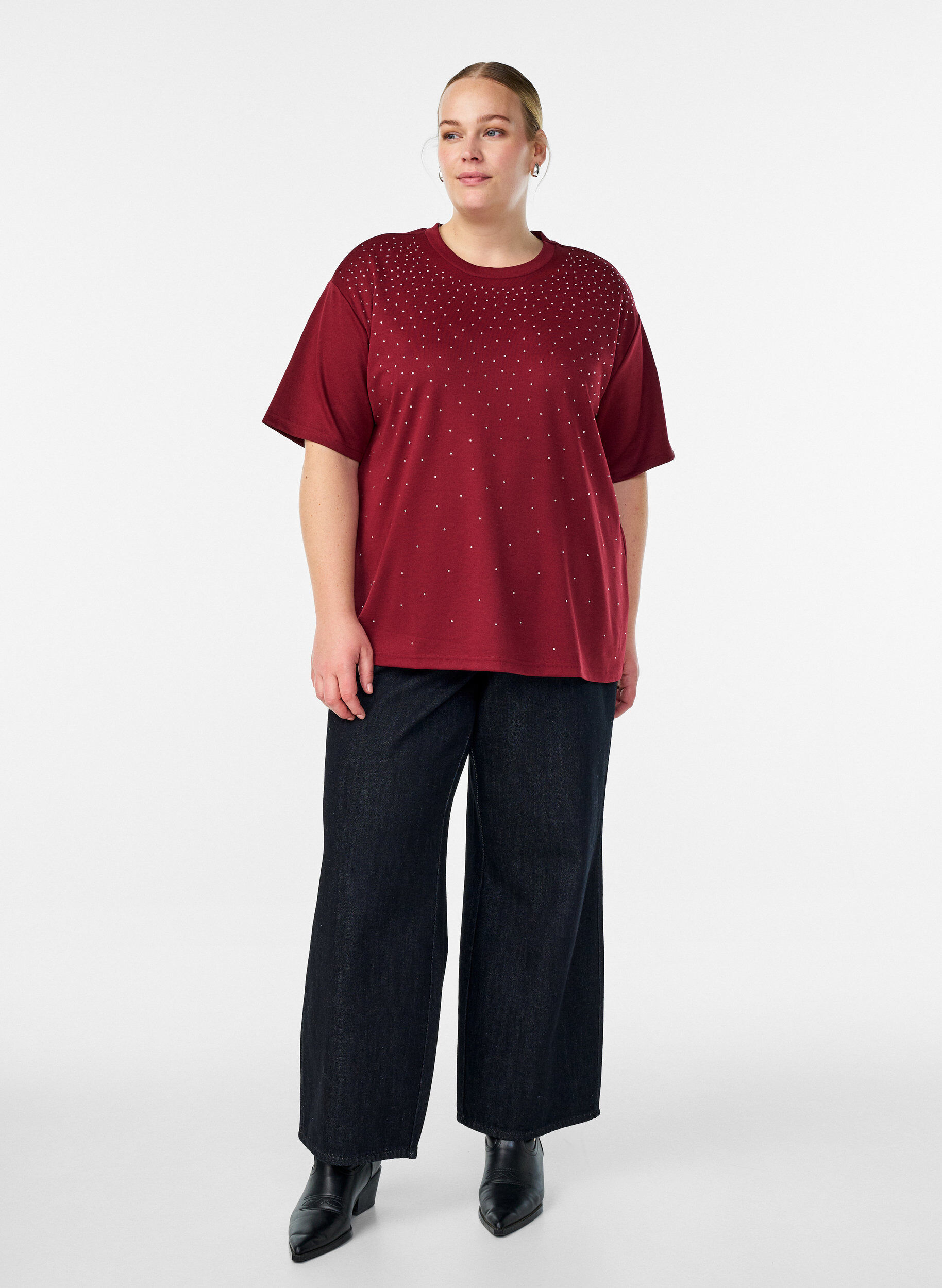 ZizziT-shirt met strass-steentjes en ronde hals, Donker Bordeaux, Model image number 1
