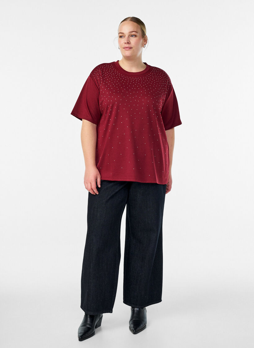 T-shirt met strass-steentjes en ronde hals, Donker Bordeaux, Model image number 1