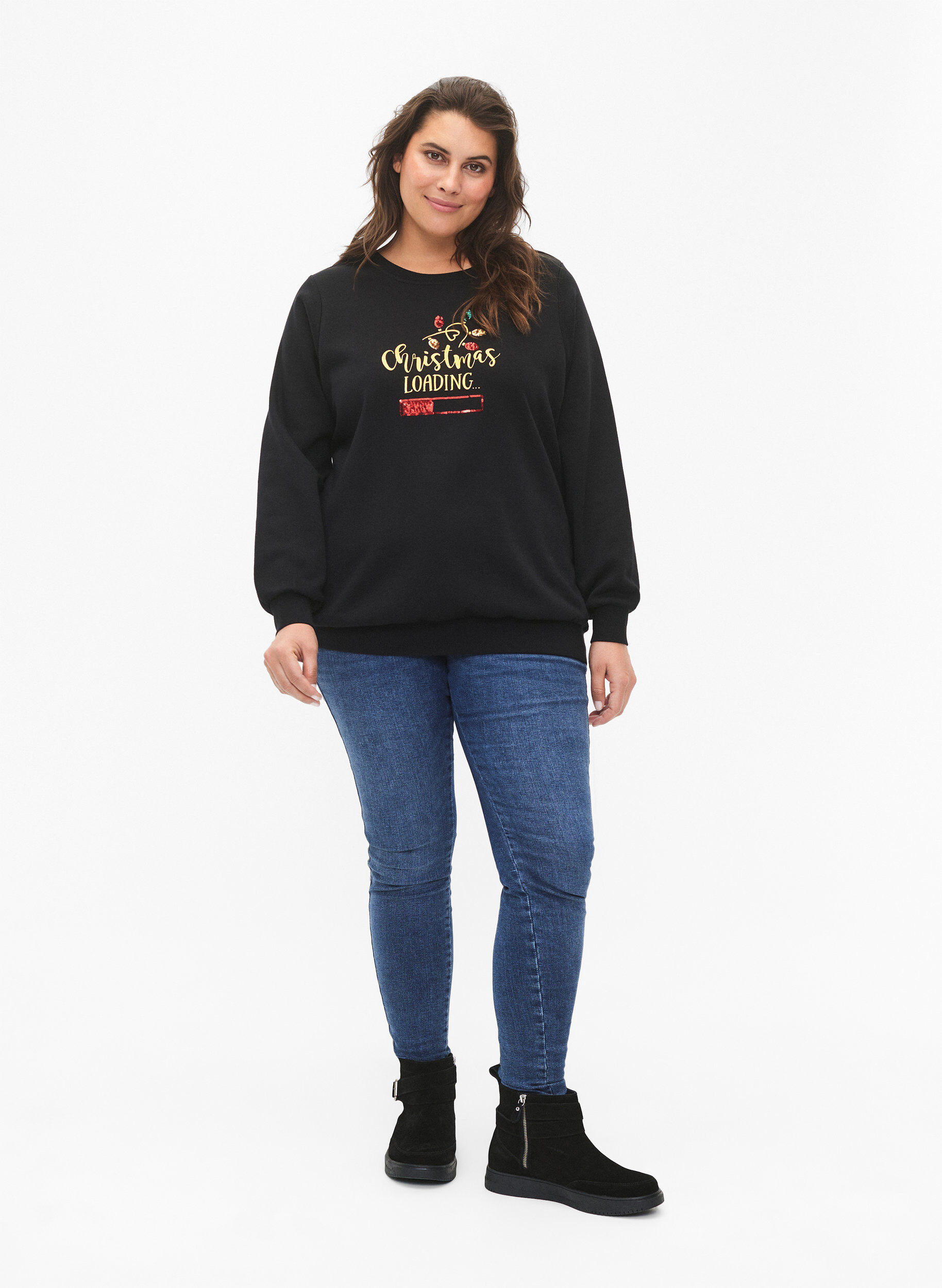 Zizzi Kerst sweatshirt, Black LOADING, Model image number 3