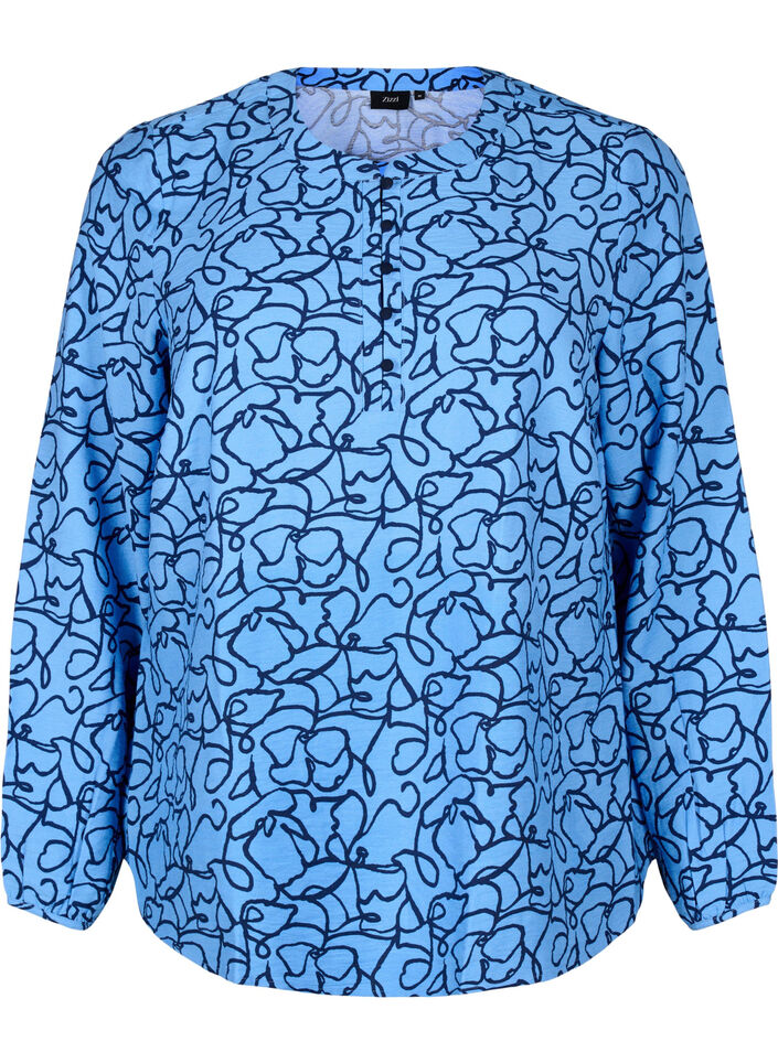 Blouse met lange mouwen met patroon en knopen, Blauw, Packshot image number 0