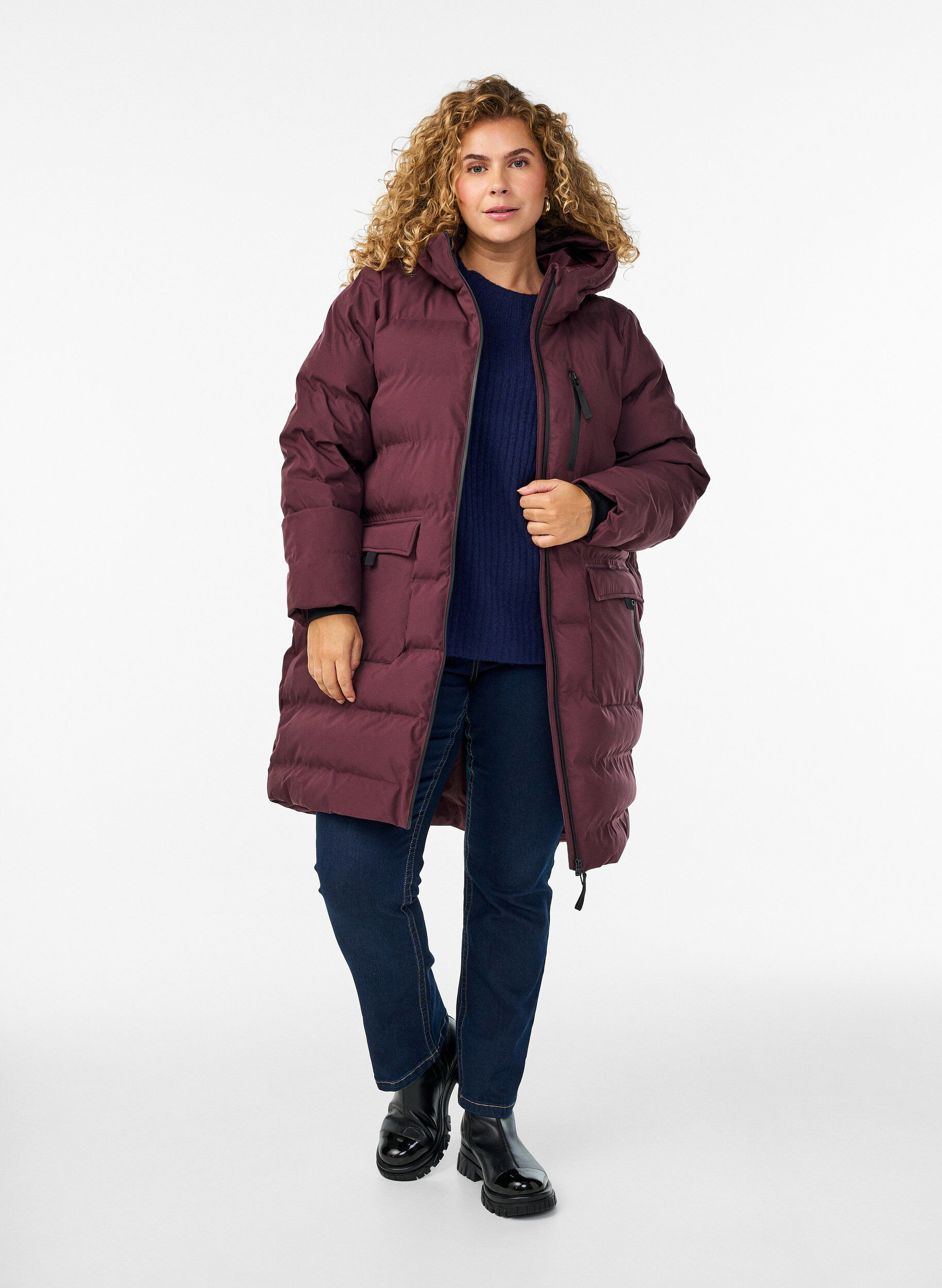 ZizziPufferjas met capuchon en zakken, Donker Bordeaux, Model image number 1