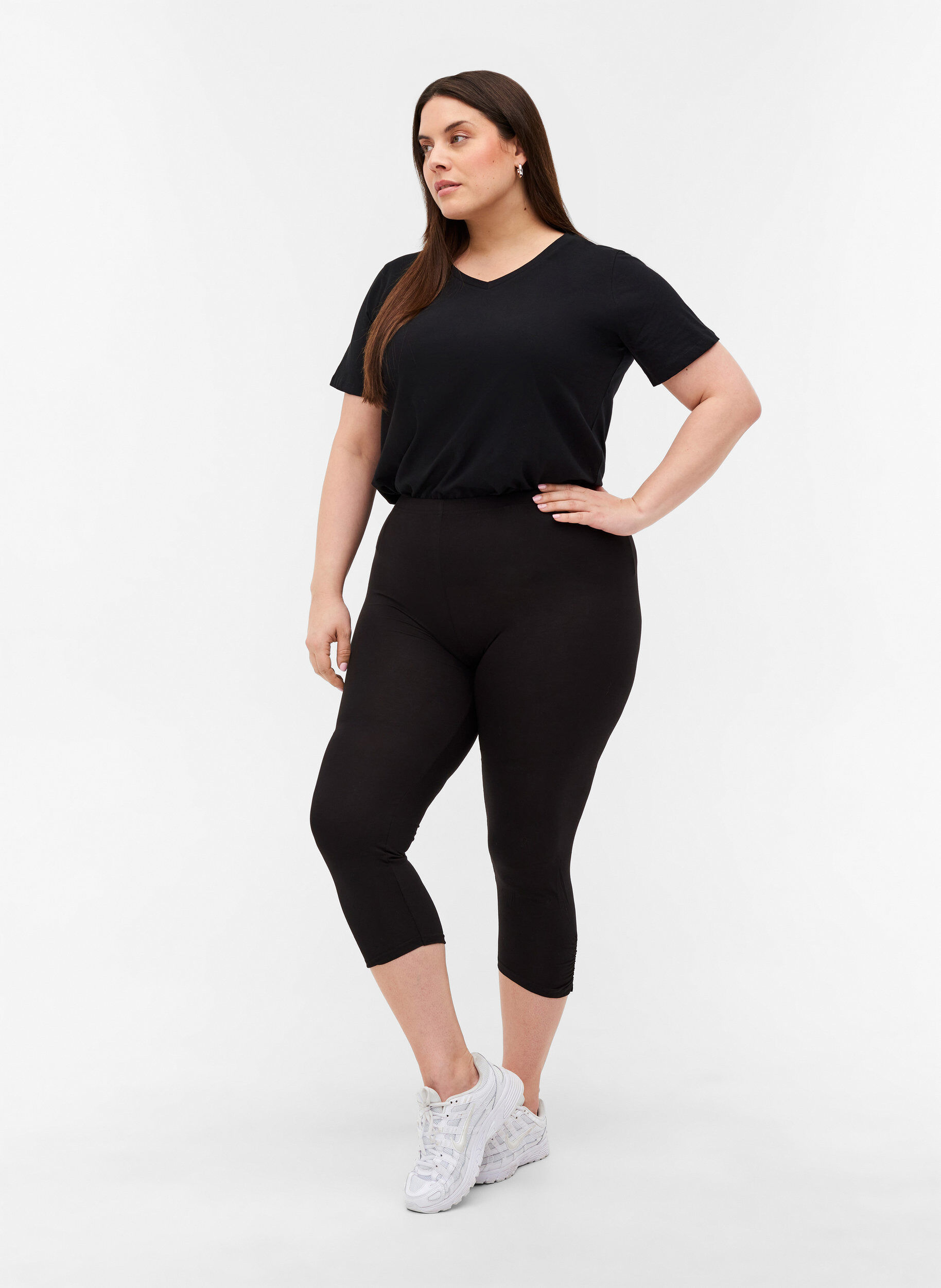 Zizzi Basic 3/4 legging met ruche detail, Black, Model image number 0