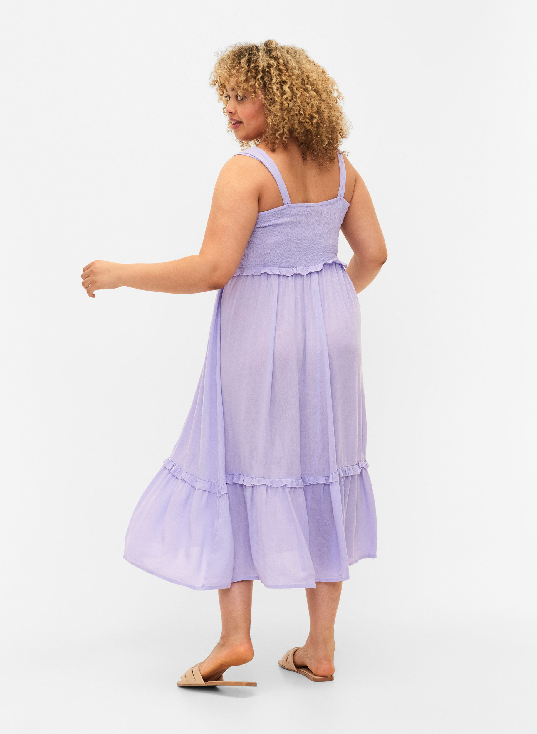 Zizzi Viscose midi-jurk met smok, Lavender, Model image number 1